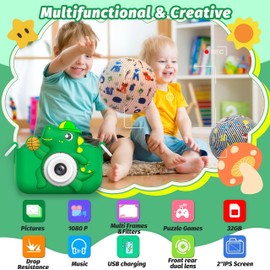 Upgrade Kids Camera for Boys Girls, 1080P HD Digital Selfie Camera with Cute Protective Cover and 32G SD Card, Christmas Birthday Gifts Toys for 3 4 5 6 7 8 9 10 11 12 Years Old (H32-Green)