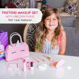 Pretend Play Makeup Kit for Little Girls with Unicorn Purse: Fake (Not Real) Make up Toy Set for Toddlers and Kids - Includes Hair and Nails Accessories, Baby Toys Gift