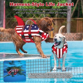 Dogcheer Harness-Style Dog Life Jacket Shark, Reflective American Flag Dog Life Vest for Swimming Boating, High Buoyancy Pet Swim Vest for Small Medium Large Dogs - USA Flag, XL