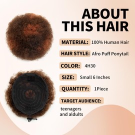 Boymia Afro Ponytail For Black Women 6 Inch #H4-30 Medium Brown mix Copper Red Short Curly Hair Afro Bun Extension 100% Human Hair Clip On Kinky Drawstring Curly Ponytail Bun Afro Chignon Hairpieces