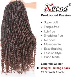 Xtrend 22 Inch Black Pre Twisted Passion Twist Hair, 6 Packs, 15 Strands/Pack, Bohemian Pre Looped Synthetic Water Wave Natural Hair, Crochet Braids, Passion Twist Hair for Black Women