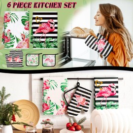 Bencailor 6 Pcs Flamingo Kitchen Towels Oven Mitts and Pot Holders Set Decorative Dish Towels Tea Towels Non Slip Heat Resistant Oven Gloves for Christmas Home Cooking Baking, Pink