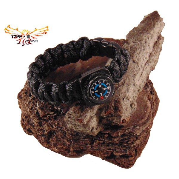 (Black, 7.5" Wrist) Type-III 7 Strand 550 Paracord Bracelet w/Compass in Solid Colors