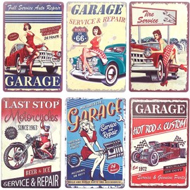 6 Pack Vintage Metal Signs for Retro Garage Wall Decor, 6 Designs (8 x 11.8 In)