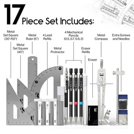 Mr. Pen- Professional Geometry Set, 17 pcs, Silver Geometry Kit for Artists, Metal Rulers and Compasses, Mechanical Pencil Set, Drafting Tools & Drafting kits