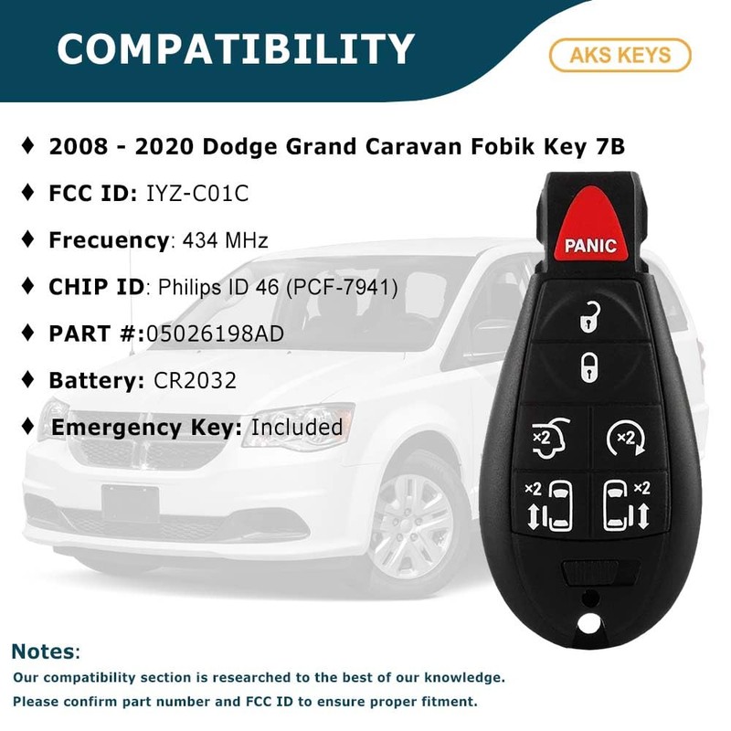 AKS KEYS Replacement for Selected Dodge Grand Caravan Fobik Key