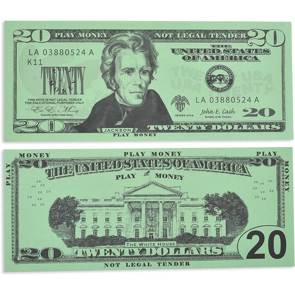 LEARNING ADVANTAGE Twenty Dollar Play Bills - Set of 100 $20 Paper Bills - Designed and Sized Like Real US Currency - Teach Currency, Counting and Math with Play Money (7529)