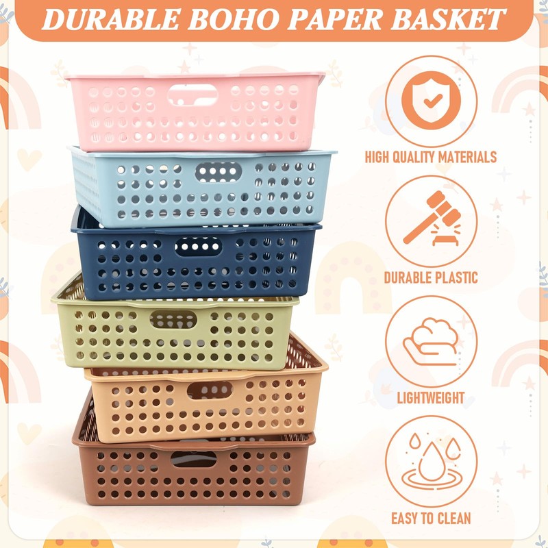 12Pcs Boho Plastic Classroom Storage Paper Baskets Holds 4A Paper