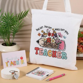 Sinmoe 5 Pcs Teacher Appreciation Gifts for Women Canvas Tote Bag Inspirational Notebook Ballpoint Pen Motivation Keychain Thank You Card Leaving Gifts for Teacher Assistant(Flower)