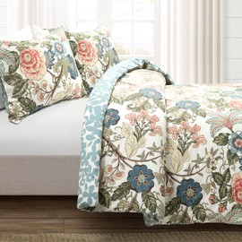 Lush Decor Sydney Reversible 100% Cotton Duvet Cover Set - Charming & Colorful Floral Leaf Design - 3 Piece Botanical Bedding Set With Shams - Full/ Queen, Green & Blue
