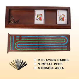 GSE Multi-Color 3-Track Wooden Cribbage Board Game Box with 2 Deck Playing Cards, 9 Metal Pegs and Storage Drawer, Three-Track Cribbage Board with Large Storage