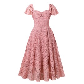Wellwits Women's Ruffle Sleeves Floral Lace Midi Cocktail Vintage Tea Dress Pink M