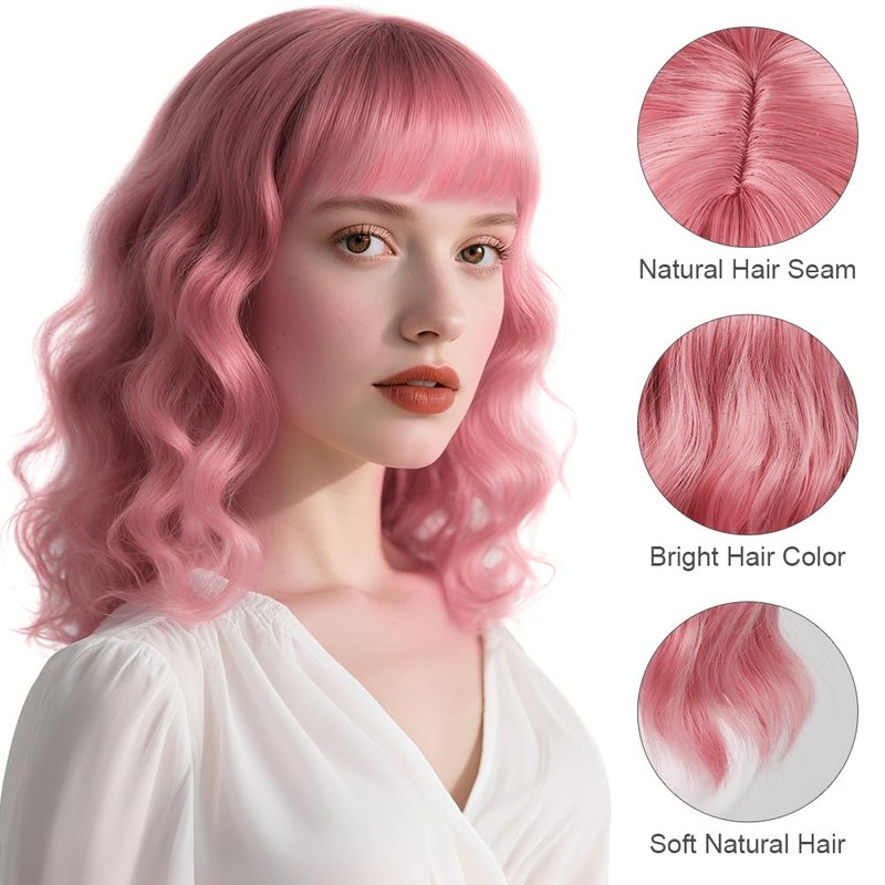Short Curly Pink Bob Wig with Bangs, Wavy Hair Synthetic