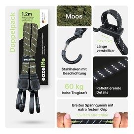 Set of 2 Rubber Tension Straps, Adjustable, Wide Band Expander with Metal Hooks, Strong Resilient for Car, Bicycle and Outdoor Activities (10 Colours, 3 Lengths) (Moss, 120 cm)