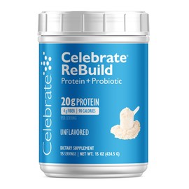 Celebrate Vitamins Rebuild Protein Powder with Probiotics & Prebiotics - 20g Whey Isolate Protein, High Fiber, for Post Bariatric Surgery Patients - Unflavored (15 Servings)