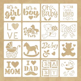16Pcs Baby Shower Stencil Painting Kit - Plastic Drawing Stencils Template, Perfect for Onesie Bib Decorating & DIY Crafts -Reusable Mixed Phrase Fabric Painting Stencils