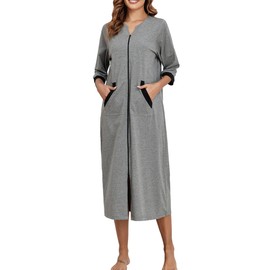 Viakeo Zipper Robes For Women Cotton Housecoat 3/4 Sleeves Long Nightgowns And Bathrobe With Pockets Plus Size S-3XL