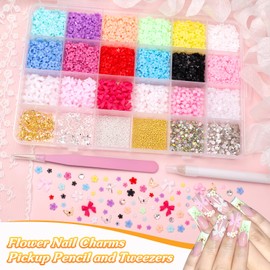 3D Flower Nail Charms, Color Spring Nails Flowers with Caviar Beads and Gems Rhinestones, Blossom Tiny Flowers Nail Art Charms Pink White Bows Charm for Acrylic Nails Art DIY Supplies