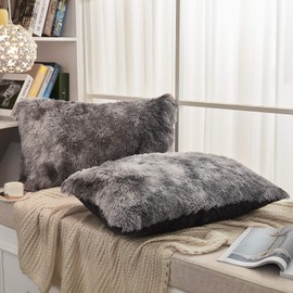 JAUXIO Faux Fur Decorative Throw Pillow Shams 2 Pack Abstract Style Tie Dye Printed Shaggy Pillowcases Crystal Velvet Reverse Queen Size (20X26 Inches, Dark Grey)