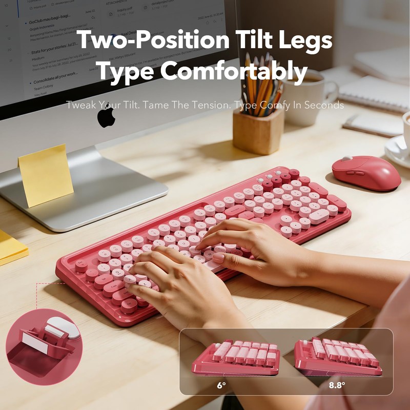 Wireless Keyboard and Mouse Combo, Rose, Round Keycaps, Phone/Tablet Holder