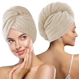 MaopaoBeauty 2 Pack Large Microfiber Hair Towel Wrap, Quick Dry Hair Towels for Women Long, Curly, Thick Hair, Super Absorbent Hair Turban for Wet Hair, Khaki