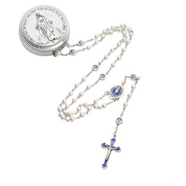 6mm Glass Pearl Beads Catholic Rosary Necklace for Women Men with Virgin Mary Center Piece and Crucifix Pack in Metal Gift Box (White With Metal Box)