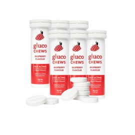 Fast Acting Glucose Tablets, Glucochews Raspberry, 60 Count (10 tablets per Tube, 6 Pocket-Sized Tubes), Boosts Energy, Supports Blood Sugar, Gluten-Free, Caffeine-Free, Colouring-Free