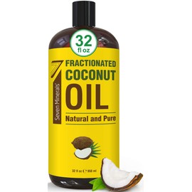 Seven Minerals, Pure Fractionated Coconut Oil - Big 32 fl oz Bottle - Non-GMO, 100% Natural, Lightweight Massage Oil for Massage Therapy on Skin, Hair, More - Perfect Carrier Oil for Essential Oils