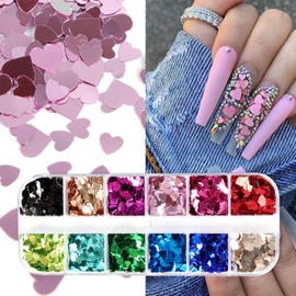12 Grids Valentine's Day Nail Art Glitter Sequins 3D Holographic Colorful Heart Nail Glitter Flakes Romantic Nail Sequins Valentines Day Nail Decorations for Women Girls DIY Nail Supplies Accessories
