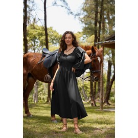Women Renaissance Pirate Dress Smocked Wasit Bell Sleeve Dresses 2025 Long Maxi Dress Black L