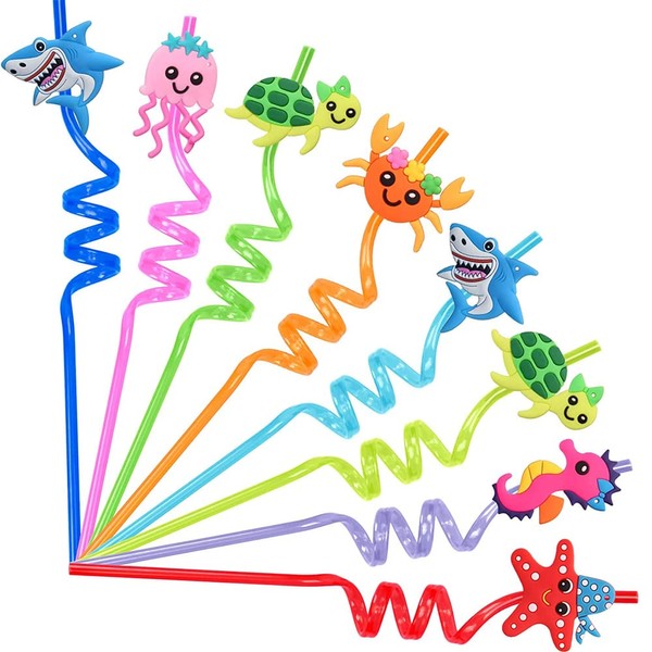 Pack of 8 Plastic Reusable Straws, Novelty Curly Straws, Sea