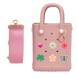 Mini Rubber Beach Bag with Strap, Bitty EVA Tote Bag with 6 Charms, Small Charms Crossbody Tote for the Beach Boat Pool Sports, Washable Open Tote Bag(Light Pink)