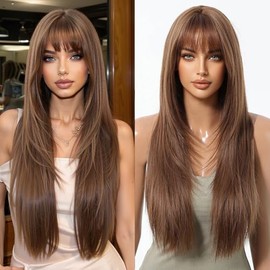 Peluca Larga con Flequillo Recto - Cabello Natural para Mujer - Estilo Moderno y Elegante (Castaño)