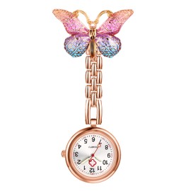 Aroncent Pin-On Hanging Nurse Watch: Easy to Read with Butterfly Decoration and Secondhand Stethoscope - Lapel Fob Pocket Badge Watches for Doctor Nurse - Purple