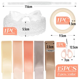 BOFUNX 15pcs Bridal Bouquet Silk Ribbons + Wooden Ring + Lace Blindfold + Scissors, Wedding Bouquet Ribbons Set, Creative Wedding Games for Bride Guests