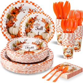 Sliner 350 Pcs Fall Thanksgiving Party Plates and Napkins Party Supplies Hello Fall Disposable Tableware Set 100 Autumn Paper Plates 50 Cups 50 Napkins 50 Sets of Knife Fork Spoon, Serve 50 Guests
