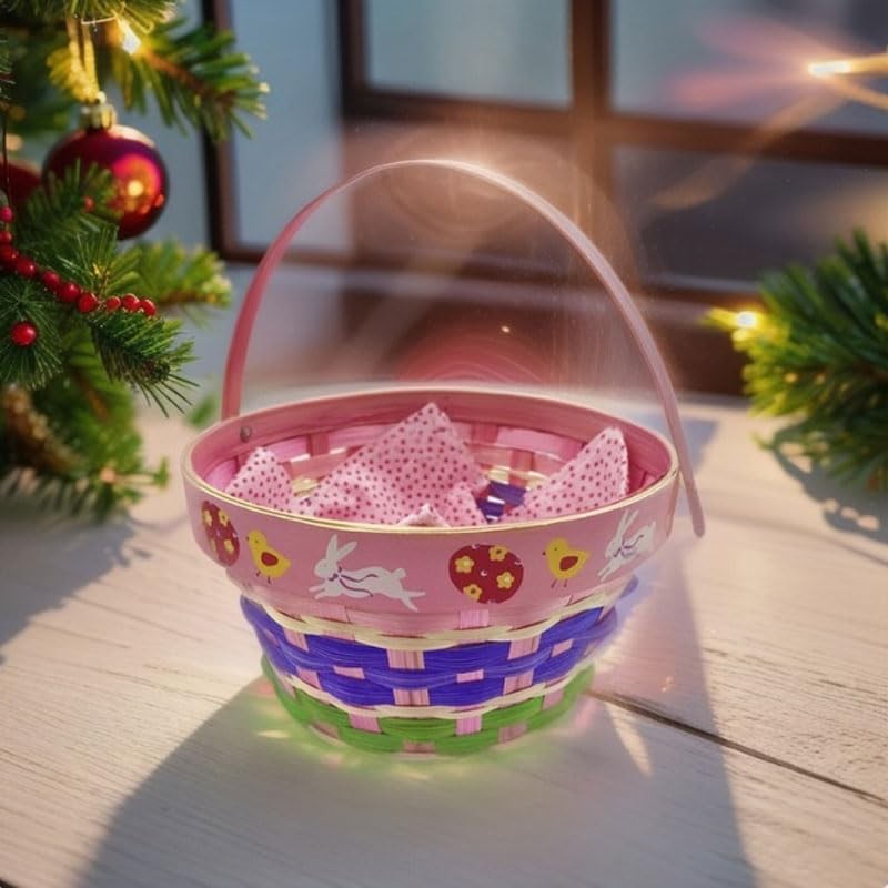 Handwoven Pink Rattan Easter Basket with Removable Lining Sturdy Wooden