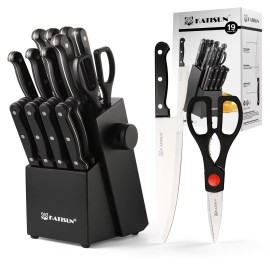 19-Piece Plastic Handle Carbon Steel Kitchen Knife Block Set with 8 Pcs Steak Knives Shears Forkcolor: Black