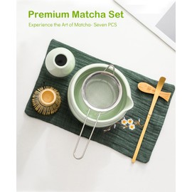 Matcha Whisk Set 7PCS, Matcha Bowl with Spout, Bamboo Whisk, Bamboo Scoop, Ceramic Holder and Stainless Sifter,Matcha Set for Tea Matcha Lovers