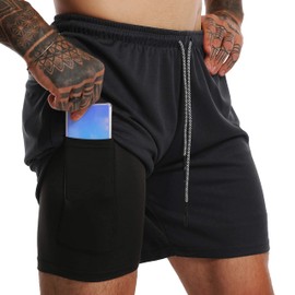 Vedicci Hombre Short Deportivo 2 en 1. Short Licra para Gym, Correr y Entrenamiento. Pantalon Corto Deportivo con Licra para Ejercicio de Secado Rápido, Comodo y Transpirable. Negro, L