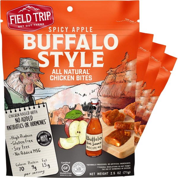 Field Trip Chicken Jerky Bites | Keto Gluten Free Jerky, Low Carb, Healthy High Protein Snacks With No Nitrates, Made With All Natural Ingredients | Spicy Buffalo Style | 2.5oz Bags, 4Count