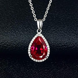Hiqmic 925 Sterling Silver Droplet Pear shaped 5.5ct Ruby Zirconia Pendant Necklace White Gold Plated Fashion Jewellery Gift 18", WA92039 Red