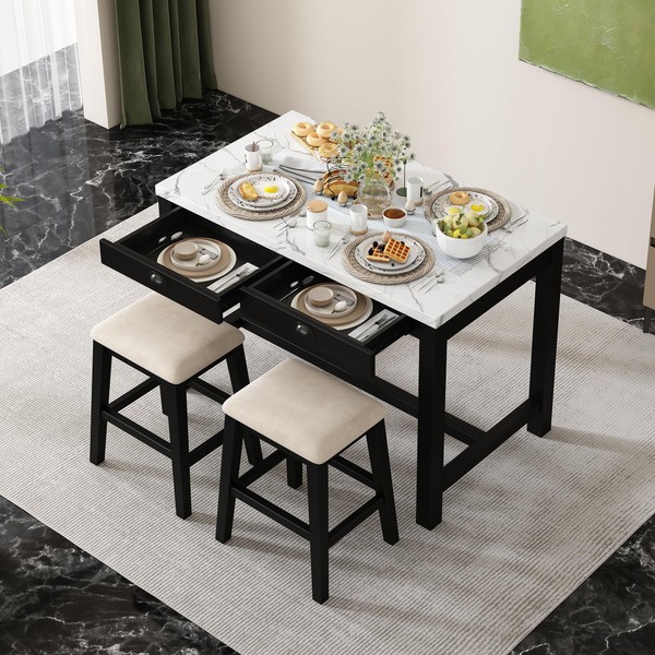 Linique 3-Piece Modern Faux Marble Bar Table Set with Storage