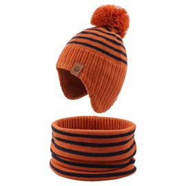 JANGANNSA Knitted Baby Hat Scarf Set Winter Warm Boys Girls Beanie Fleece Lining Toddler Kids Hat with Pompom(Striped Caramel(Hat+Scarf),S)