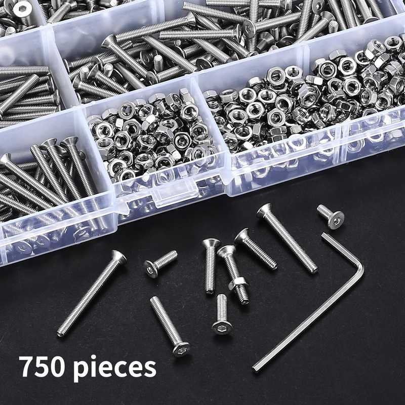 750 Pcs M3 Countersunk Bolts and Nuts Set, Small Stainless