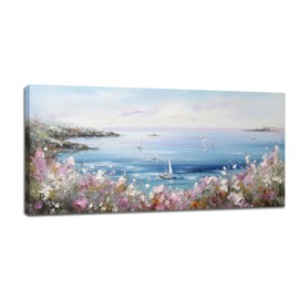 Large Canvas Wall Art Decor for Living Room Bedroom Coastal Wildflower Pictures Ocean Sailboat Floral Nature Landscape Oil Painting Prints Modern Framed Artwork Decoration Home Office 60"x30"