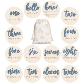 Burbell 3D Baby Milestone Wooden Circles Hello World Newborn Sign 7 Pack Double Sided Monthly Milestone Cards Sign Baby Announcement Sign for Newborn Shower Photo Props (Slate Blue)