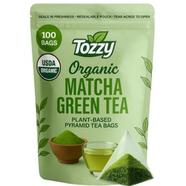 Tozzy Organic Matcha Green Tea – 100 Count, Plant-Based Pyramid Tea Bags | Ceremonial Matcha + Whole Leaf Sencha