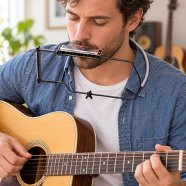 Adjustable 10-Hole Harmonica Neck Holder, Metal Hands-Free Harp Rack for Guitar Players