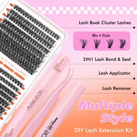 Cluster Eyelash Extension Kit 640pcs Individual Lashes Natural 10-16mm DIY Set with Lash Bond Seal and Remover Tweezers(40+50+60+80D)